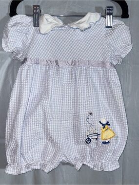 Vintage Retro 90s Americana Baby Girl Blue Gingham Bubble Romper 6/9 Months